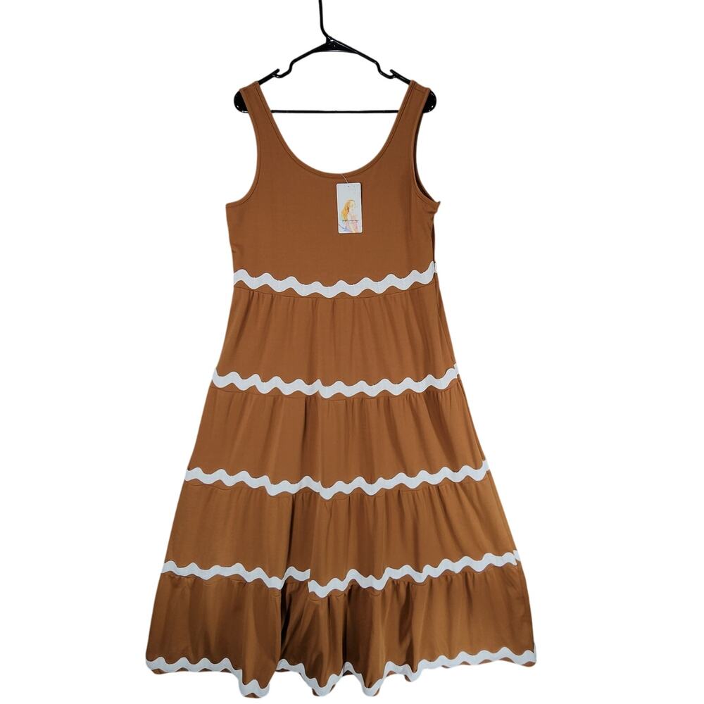 Pretty Garden Maxi Dress sz‎ L Women Ric Rac Tank Tiered Caramel Brown BOHO NEW